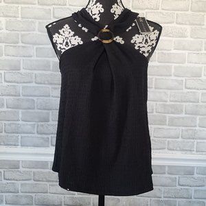 Cable and Guage Neck knot Sleeveless Top M Black Button Back Collar NWT